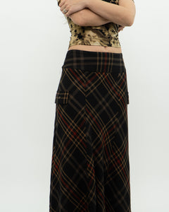 Vintage x Black Plaid Detailed Midi Skirt  (S, M)