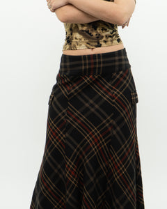 Vintage x Black Plaid Detailed Midi Skirt  (S, M)