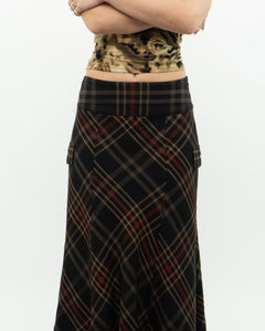 Vintage x Black Plaid Detailed Midi Skirt  (S, M)