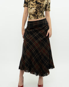 Vintage x Black Plaid Detailed Midi Skirt  (S, M)