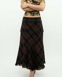 Vintage x Black Plaid Detailed Midi Skirt  (S, M)