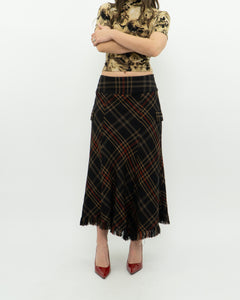 Vintage x Black Plaid Detailed Midi Skirt  (S, M)