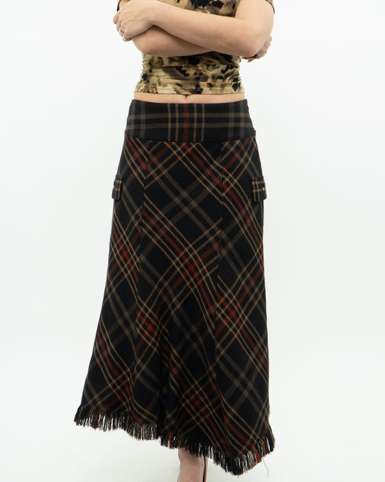 Vintage x Black Plaid Detailed Midi Skirt  (S, M)