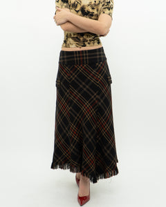 Vintage x Black Plaid Detailed Midi Skirt  (S, M)