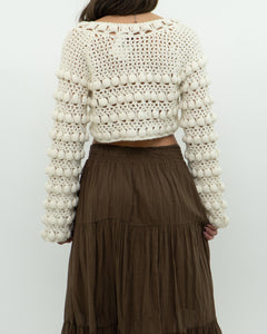 Vintage x Cotton-blend Cream Knit Cropped Cardigan (XS, S)