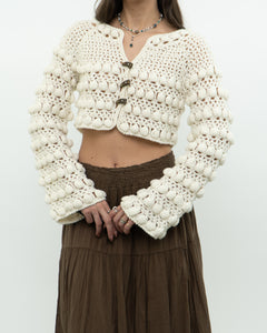 Vintage x Cotton-blend Cream Knit Cropped Cardigan (XS, S)