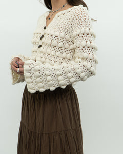 Vintage x Cotton-blend Cream Knit Cropped Cardigan (XS, S)