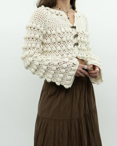 Vintage x Cotton-blend Cream Knit Cropped Cardigan (XS, S)