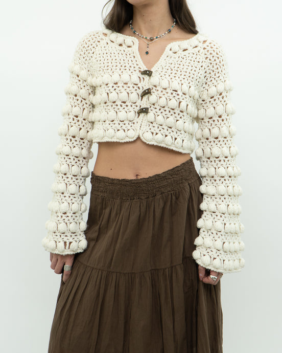 Vintage x Cotton-blend Cream Knit Cropped Cardigan (XS, S)