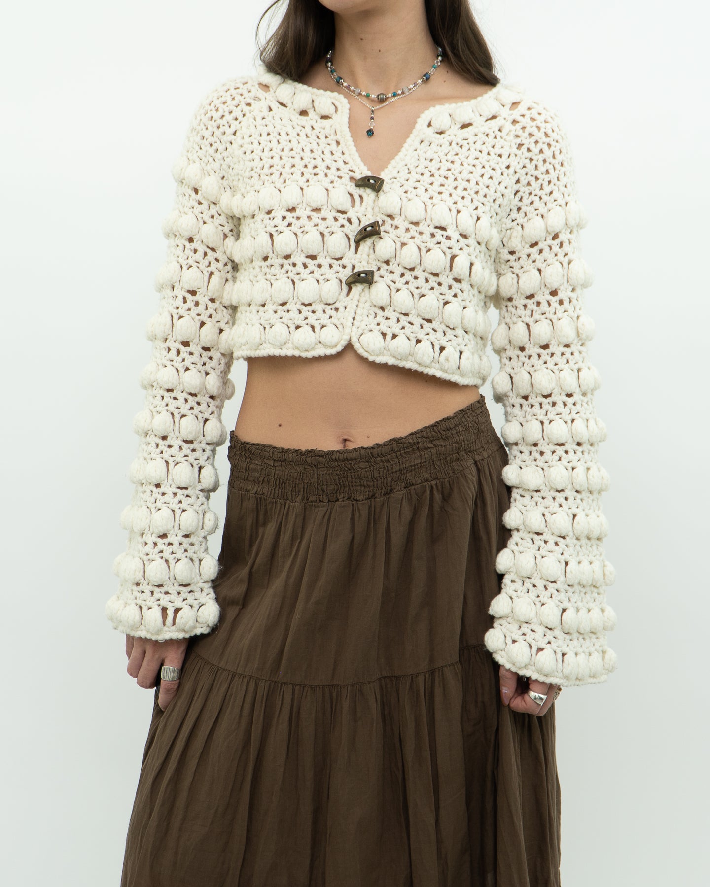 Vintage x Cotton-blend Cream Knit Cropped Cardigan (XS, S)