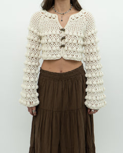 Vintage x Cotton-blend Cream Knit Cropped Cardigan (XS, S)