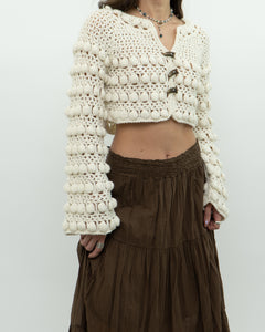 Vintage x Cotton-blend Cream Knit Cropped Cardigan (XS, S)