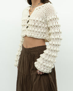 Vintage x Cotton-blend Cream Knit Cropped Cardigan (XS, S)