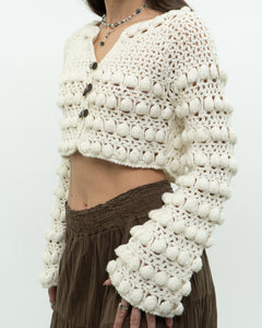 Vintage x Cotton-blend Cream Knit Cropped Cardigan (XS, S)