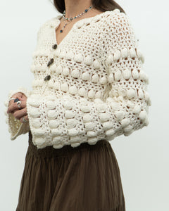 Vintage x Cotton-blend Cream Knit Cropped Cardigan (XS, S)