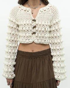 Vintage x Cotton-blend Cream Knit Cropped Cardigan (XS, S)