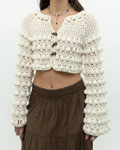 Vintage x Cotton-blend Cream Knit Cropped Cardigan (XS, S)