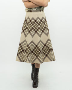 Vintage x HIGHLAND QUEEN Pure Wool Beige & Brown Pattern Skirt (S)