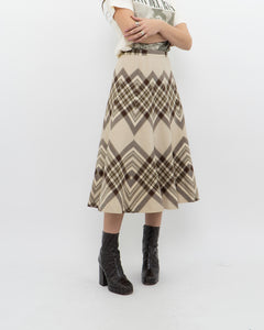 Vintage x HIGHLAND QUEEN Pure Wool Beige & Brown Pattern Skirt (S)