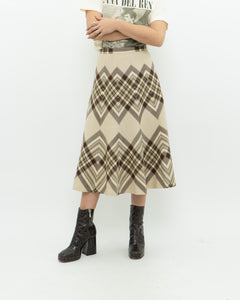 Vintage x HIGHLAND QUEEN Pure Wool Beige & Brown Pattern Skirt (S)