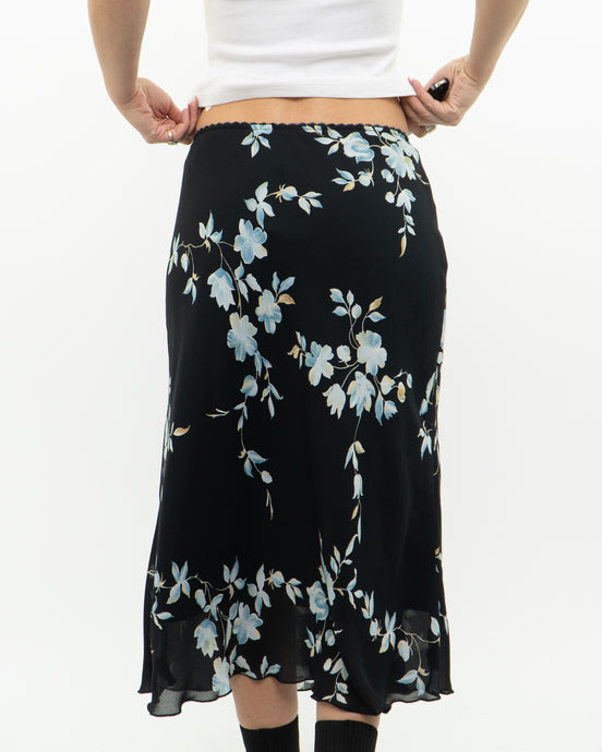 Vintage x Made in Canada x Black Floral Midi Skirt (S, M)