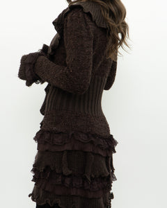 Vintage x Brown Frilly Wool-blend Knit Cardigan (XS, S)