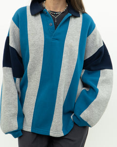 Vintage x Soft Teal, Grey Striped Collared Crewneck (XS-L)