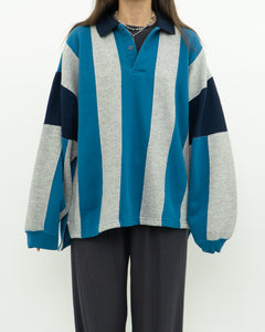 Vintage x Soft Teal, Grey Striped Collared Crewneck (XS-L)