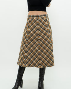 Vintage x Caramel Plaid Wool Midi Skirt (M, L)