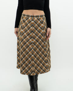 Vintage x Caramel Plaid Wool Midi Skirt (M, L)