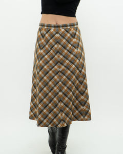 Vintage x Caramel Plaid Wool Midi Skirt (M, L)