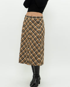 Vintage x Caramel Plaid Wool Midi Skirt (M, L)