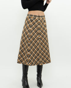 Vintage x Caramel Plaid Wool Midi Skirt (M, L)