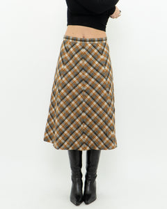 Vintage x Caramel Plaid Wool Midi Skirt (M, L)