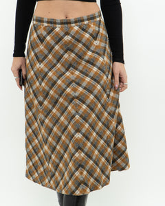 Vintage x Caramel Plaid Wool Midi Skirt (M, L)