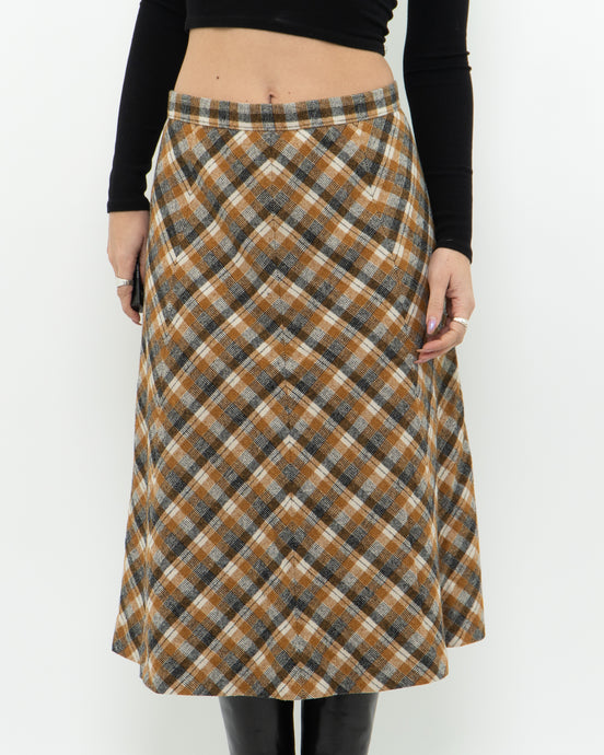 Vintage x Caramel Plaid Wool Midi Skirt (M, L)