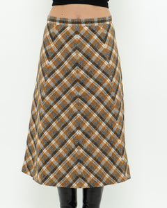 Vintage x Caramel Plaid Wool Midi Skirt (M, L)