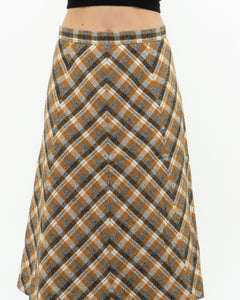 Vintage x Caramel Plaid Wool Midi Skirt (M, L)