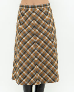 Vintage x Caramel Plaid Wool Midi Skirt (M, L)