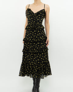 MICHAEL KORS x Black, Yellow Floral Frilly Dress (M)