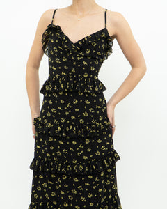 MICHAEL KORS x Black, Yellow Floral Frilly Dress (M)