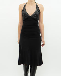 Vintage x Black Rhinestone Halter Dress (S, M)