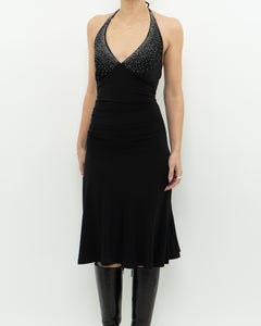 Vintage x Black Rhinestone Halter Dress (S, M)