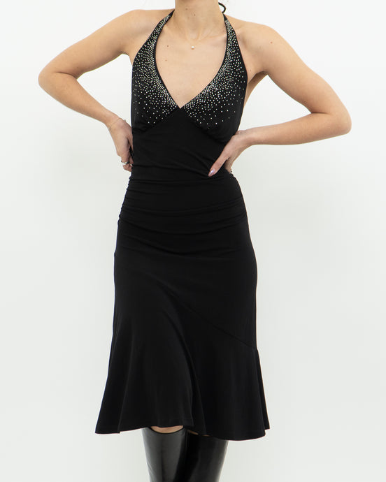 Vintage x Black Rhinestone Halter Dress (S, M)