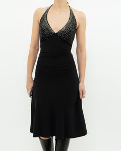 Vintage x Black Rhinestone Halter Dress (S, M)