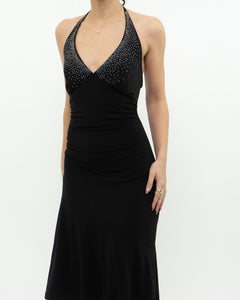 Vintage x Black Rhinestone Halter Dress (S, M)