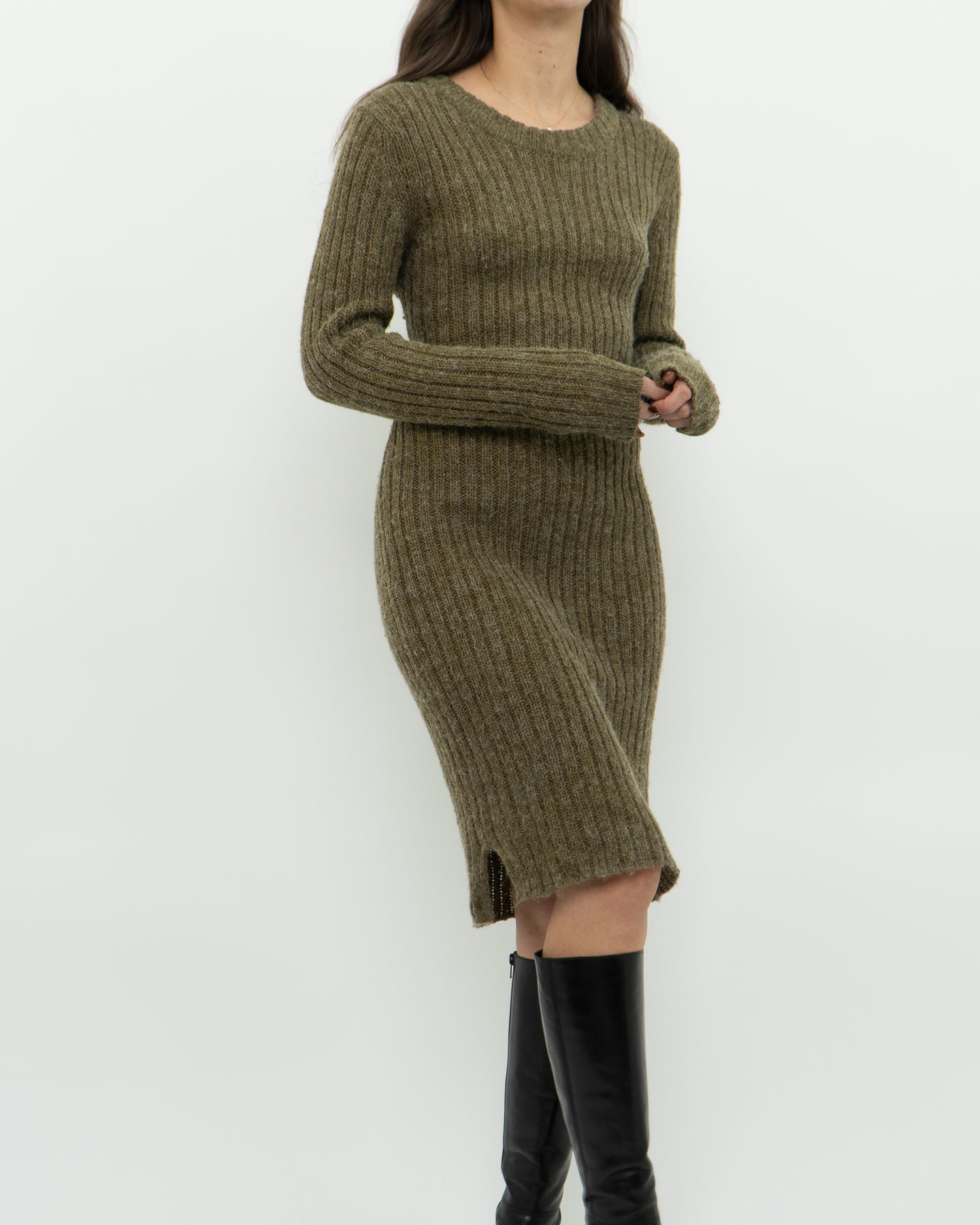 Vintage x Olive Green Knit Midi Dress (XS, S)