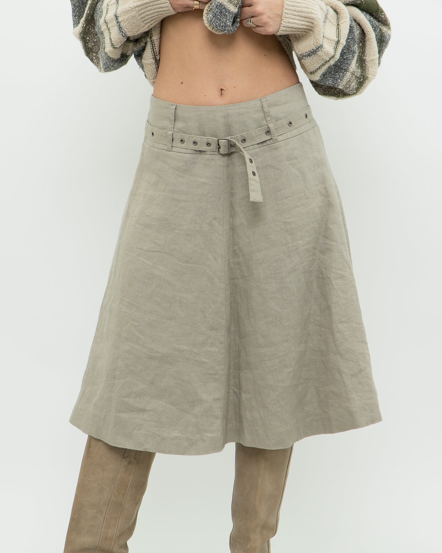 Vintage x Beige Linen Belted Skirt (S, M)