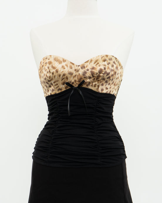 Vintage x Black Mesh Leopard Satin Corset (S, M, B-C Cup)