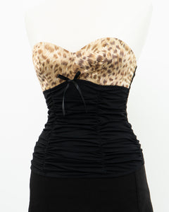 Vintage x Black Mesh Leopard Satin Corset (S, M, B-C Cup)